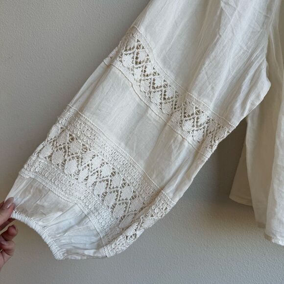NWT Aerie Crochet Sleeve Cream Button Down Cotton Gauze Size XL Relaxed Boho Top - Picture 3 of 7